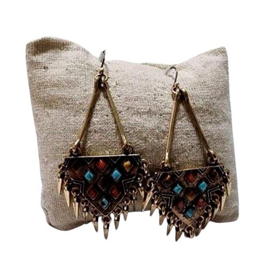 Lucky Brand Tribal Gold Spike Earrings Turquoise Red Cabochon Boho Geometric